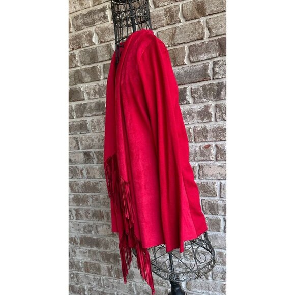 INC International Concepts Open Front Fringe Jacket Red Faux Suede Asymm… - Picture 3 of 9